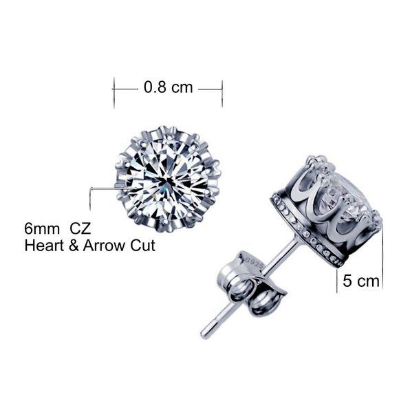 Popular Design 925 Silver Solitaire 6mm CZ Diamond Cut Crown Stud Earrings NWOPT - Picture 5 of 6